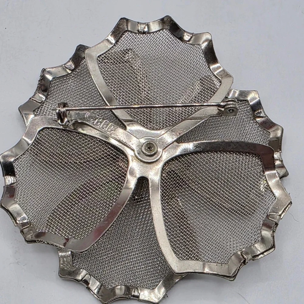 Vintage BED Silver Tone Mesh Flower‎ Brooch Aurora Borealis AB Rhinestone Pin